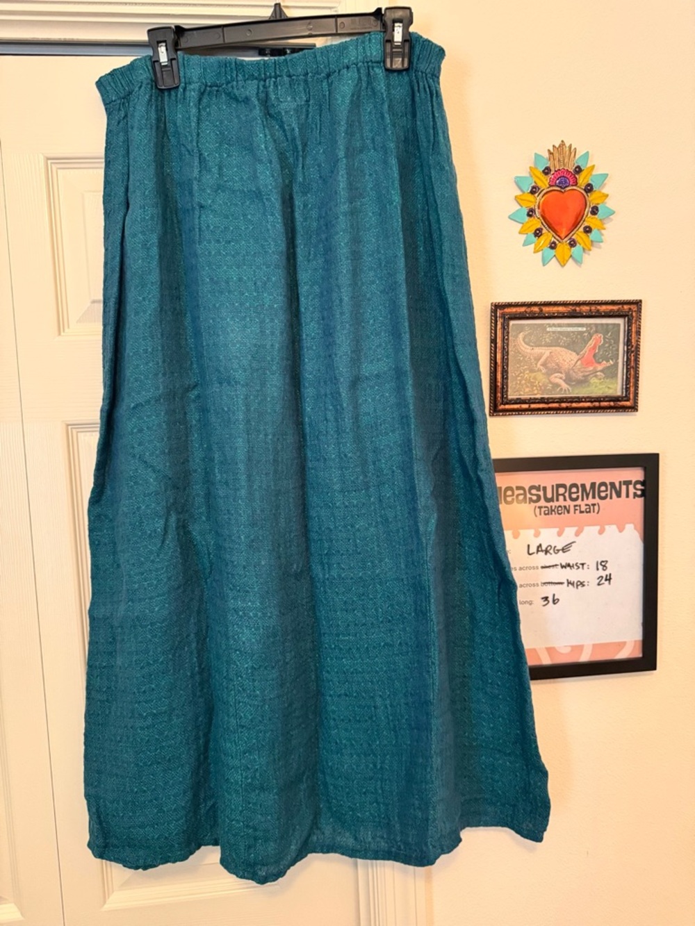 FLAX Linen A-Line Skirt Large Peacock Teal Blue Lagenlook Elastic Waist Woven - Picture 7 of 8